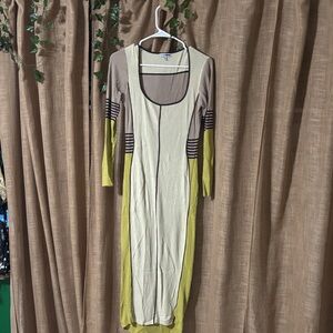 Fashion Nova Cream and Brown Long Sleeve Dress